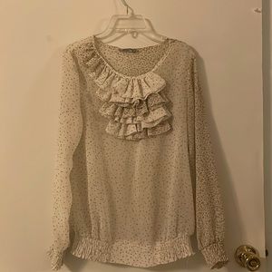 Women ruffled neck/chiffon summer long sleeve office work blouse/baggy sleeves